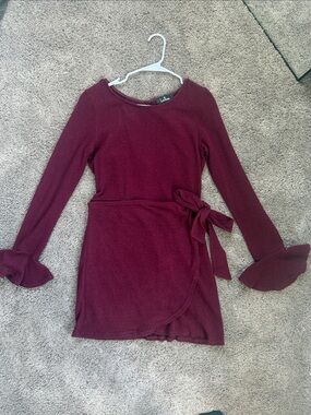 Lulu's Burgundy Long-Sleeve Wrap Dress with Side Tie